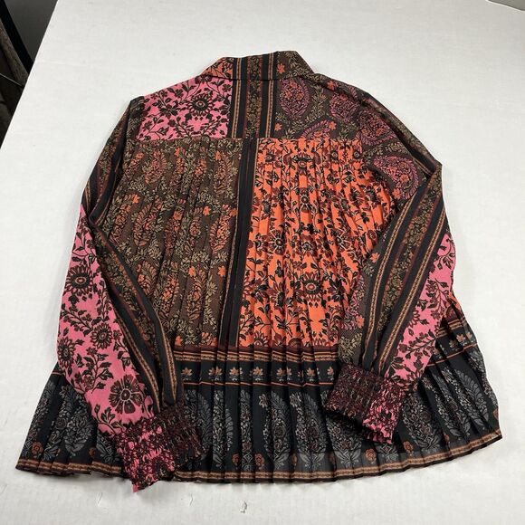 Elie Tahari Paisley Floral Blouse Small Button Front Bohemian Pleated Back Top - Picture 9 of 10